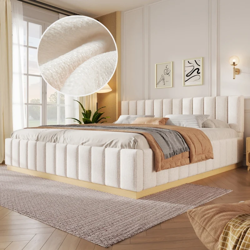 Letto imbottito 180x200 cm con rete a doghe; testiera alta in ciniglia beige