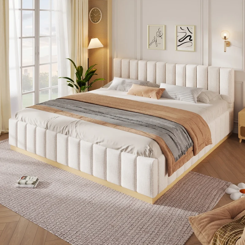 Letto imbottito 180x200 cm con rete a doghe; testiera alta in ciniglia beige