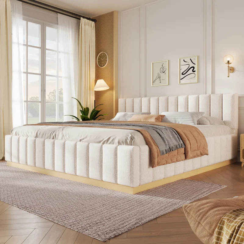 Letto imbottito 180x200 cm con rete a doghe; testiera alta in ciniglia beige