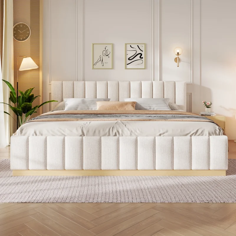 Letto imbottito 180x200 cm con rete a doghe; testiera alta in ciniglia beige
