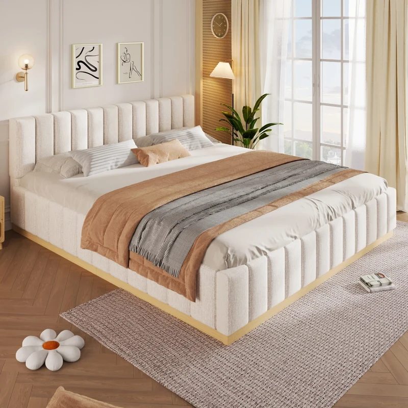 Letto imbottito 180x200 cm con rete a doghe; testiera alta in ciniglia beige