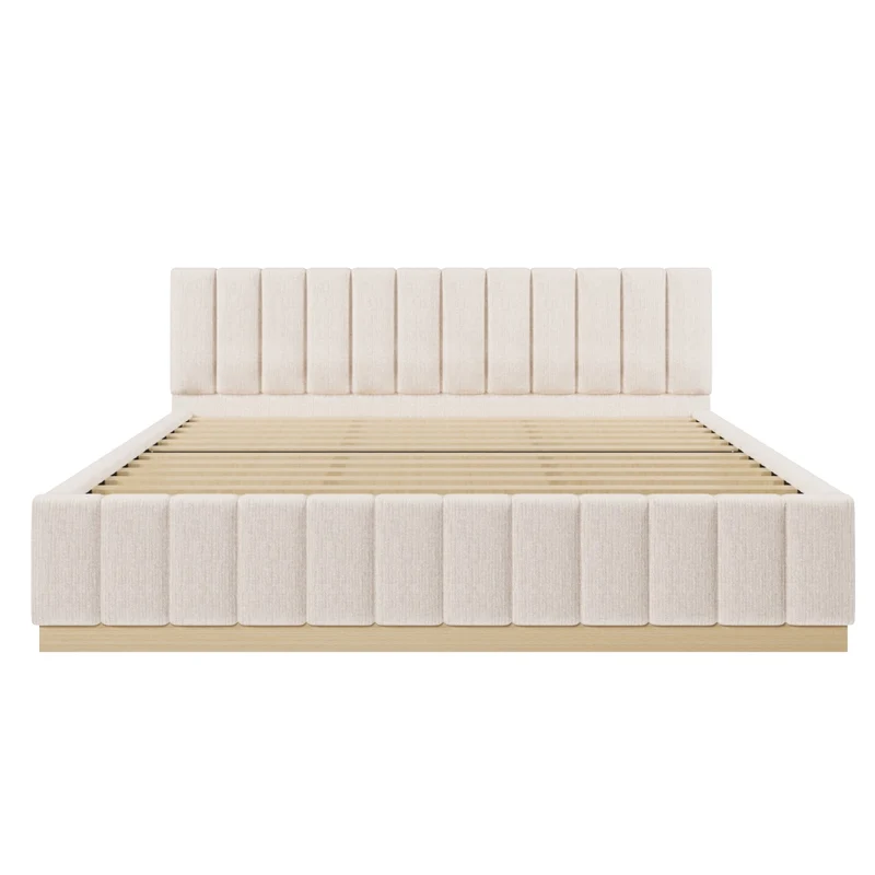 Letto imbottito 180x200 cm con rete a doghe; testiera alta in ciniglia beige