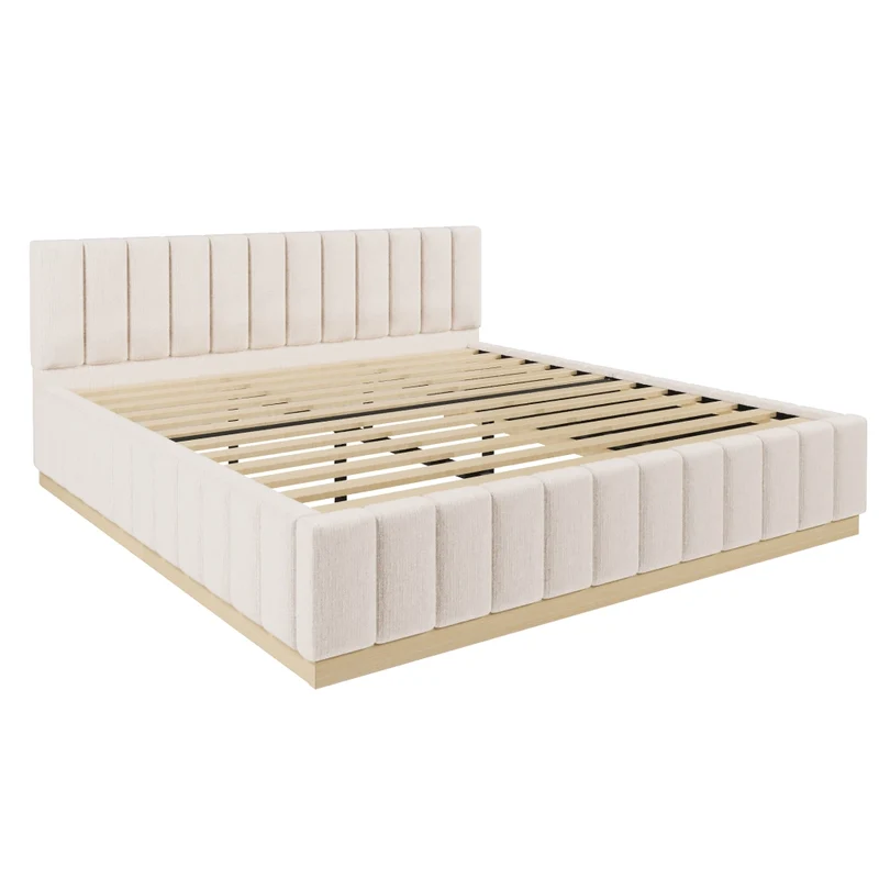 Letto imbottito 180x200 cm con rete a doghe; testiera alta in ciniglia beige