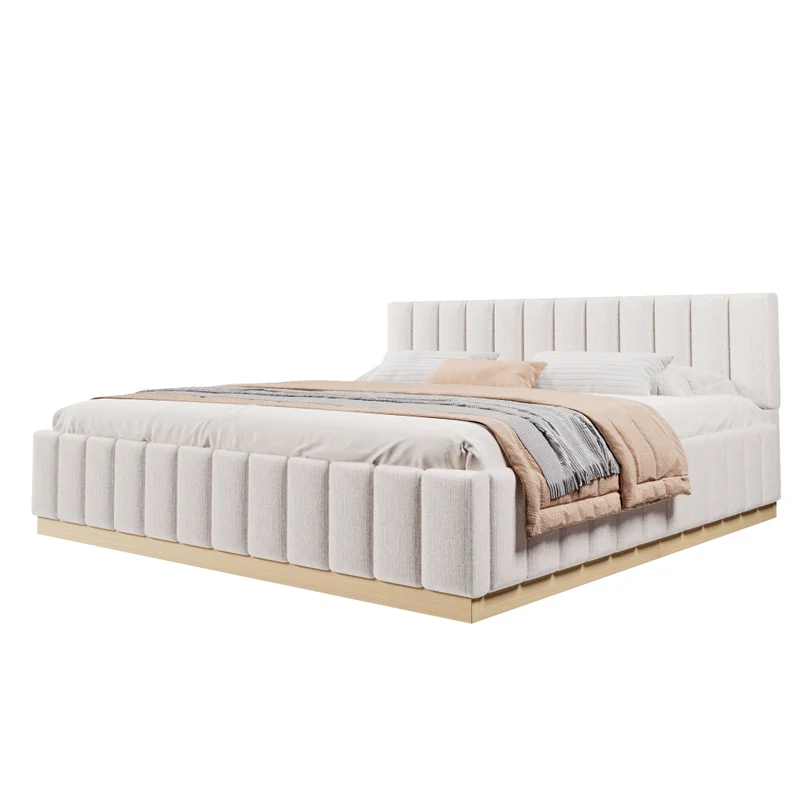 Letto imbottito 180x200 cm con rete a doghe; testiera alta in ciniglia beige