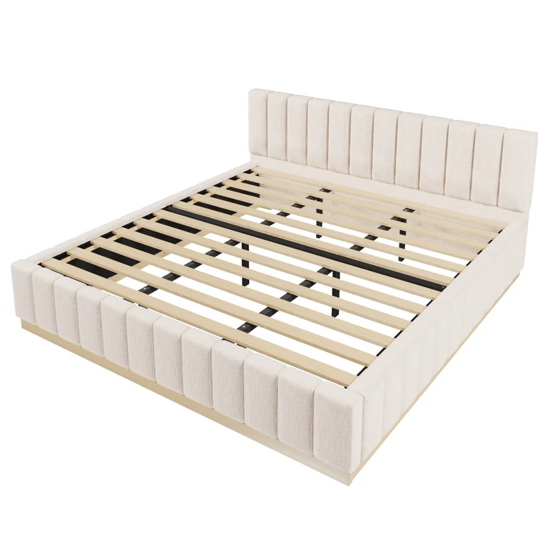 Letto imbottito 180x200 cm con rete a doghe; testiera alta in ciniglia beige