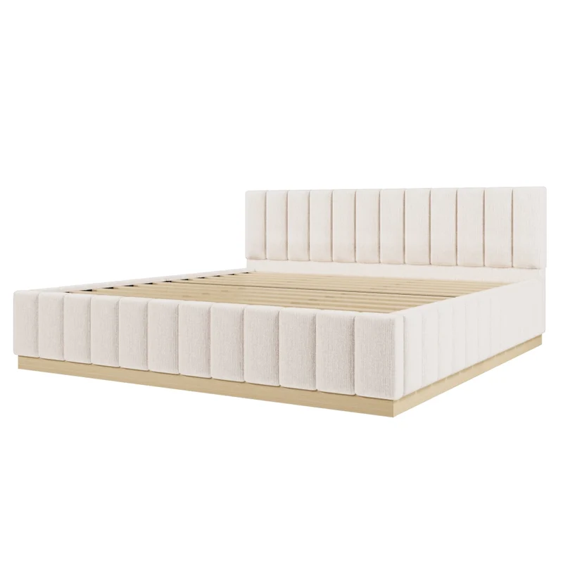 Letto imbottito 180x200 cm con rete a doghe; testiera alta in ciniglia beige