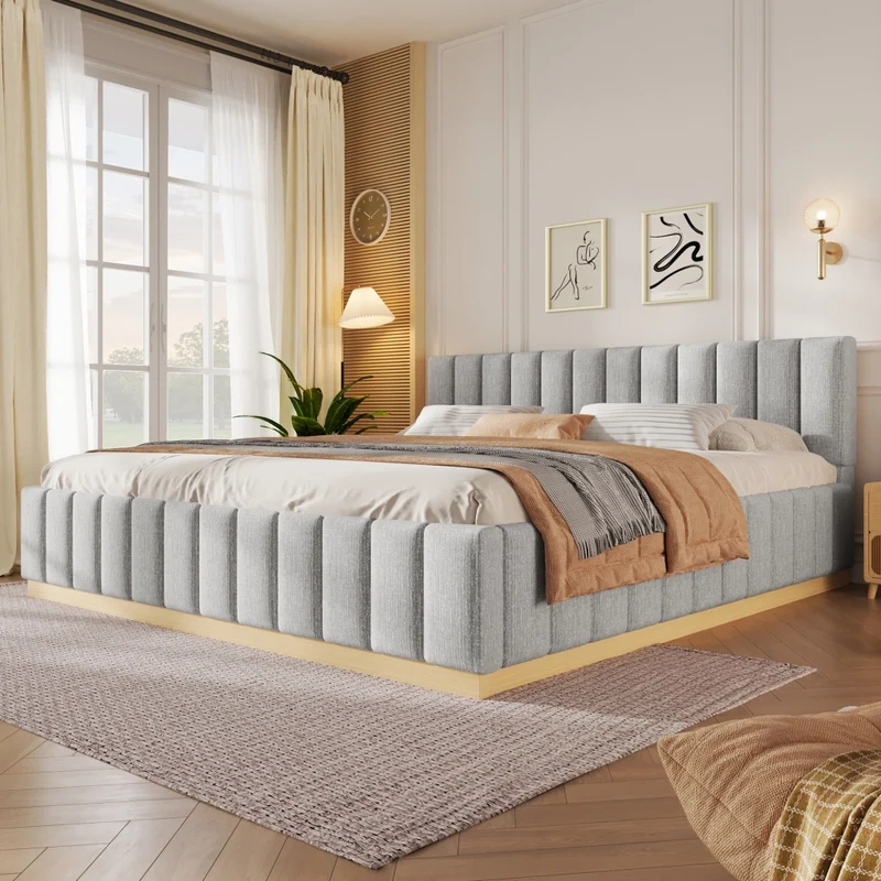 Letto matrimoniale imbottito 180x200 con rete a doghe e testiera alta in ciniglia grigia
