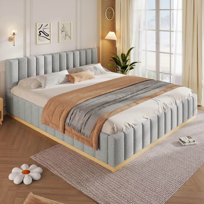 Letto matrimoniale imbottito 180x200 con rete a doghe e testiera alta in ciniglia grigia
