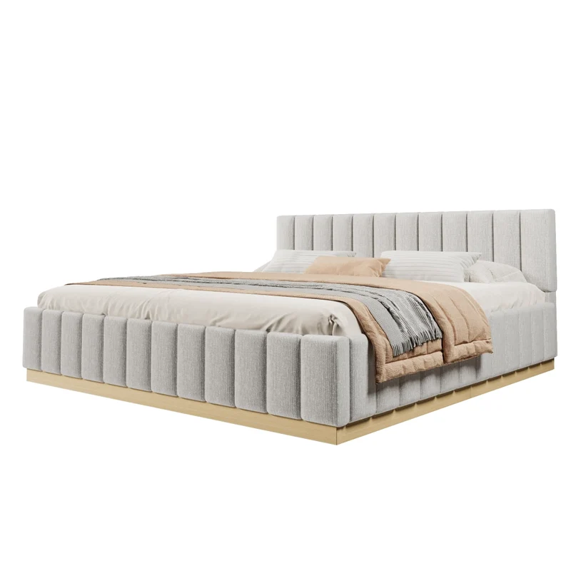 Letto matrimoniale imbottito 180x200 con rete a doghe e testiera alta in ciniglia grigia