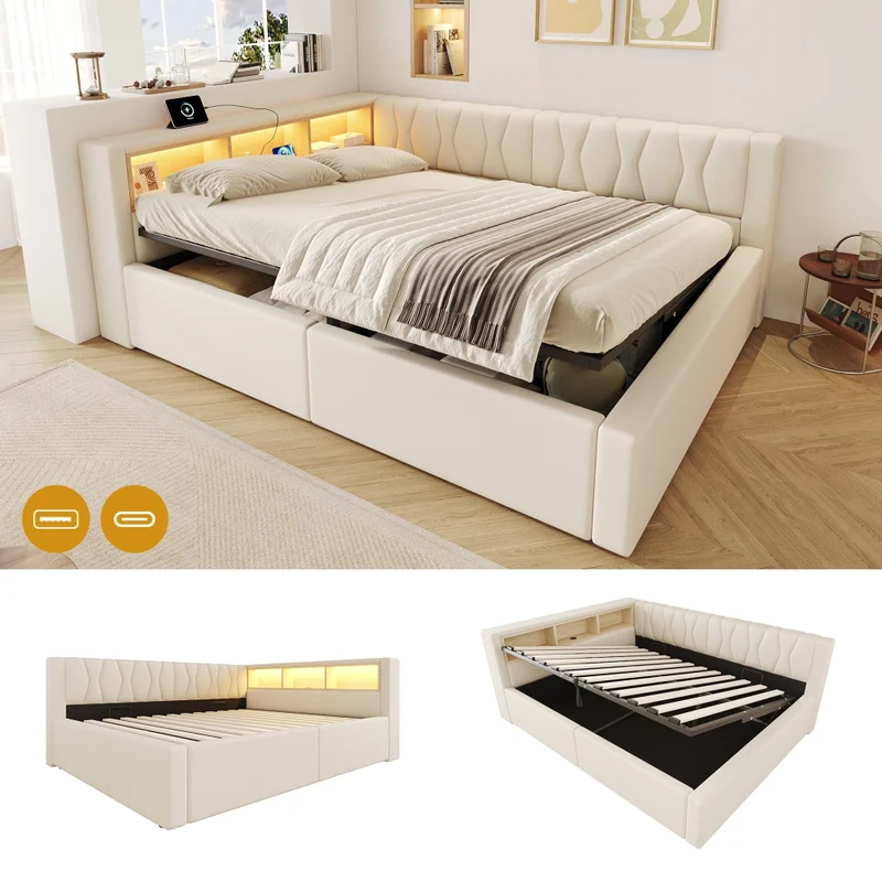 Letto contenitore 140x200 cm con illuminazione LED dimmerabile; struttura in lino e MDF; beige