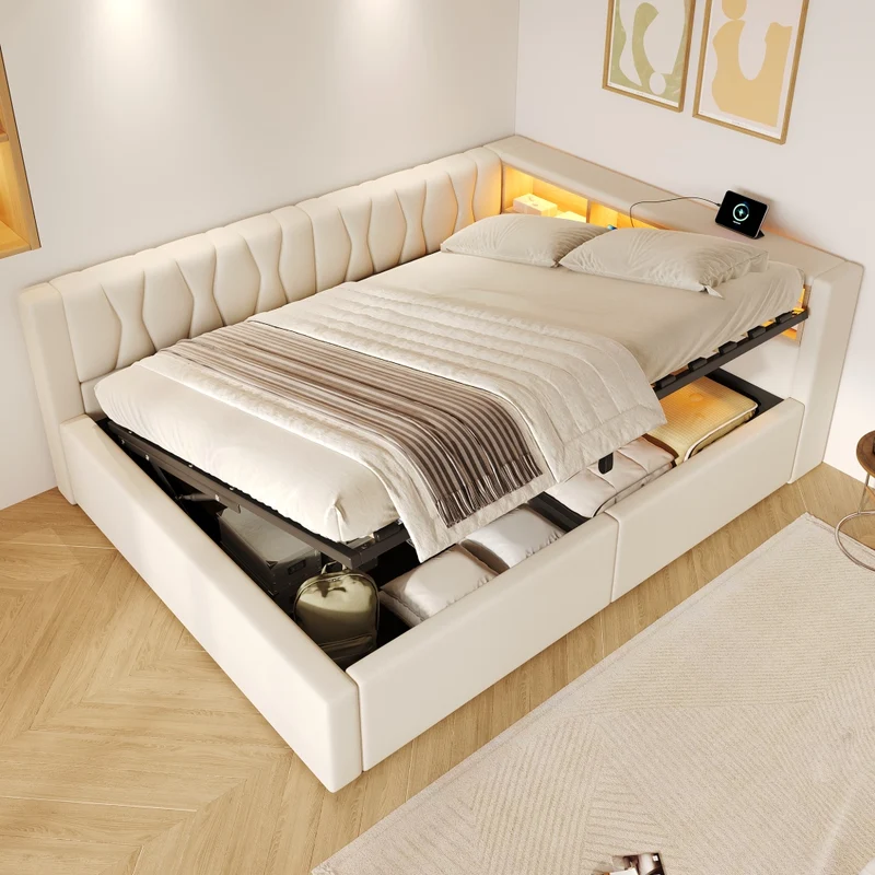 Letto contenitore 140x200 cm con illuminazione LED dimmerabile; struttura in lino e MDF; beige