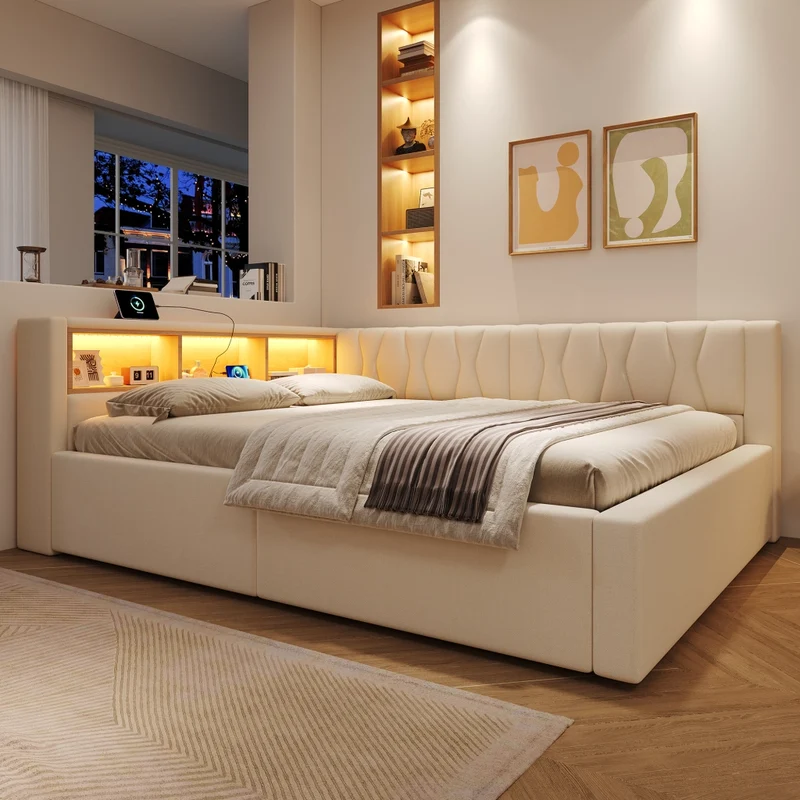 Letto contenitore 140x200 cm con illuminazione LED dimmerabile; struttura in lino e MDF; beige