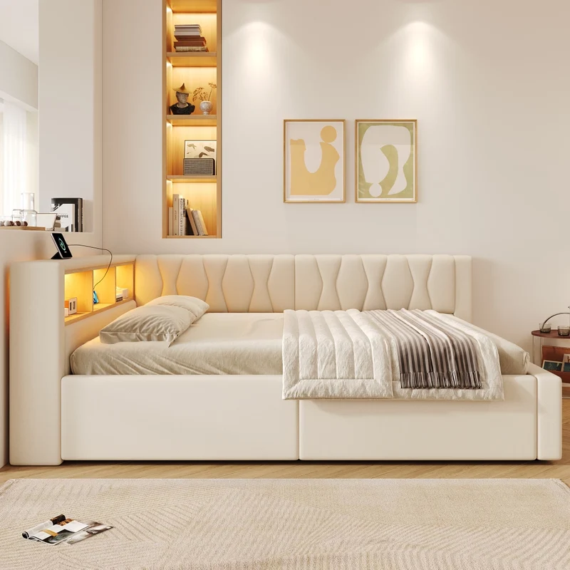 Letto contenitore 140x200 cm con illuminazione LED dimmerabile; struttura in lino e MDF; beige