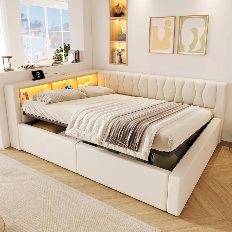 Letto contenitore 140x200 cm con illuminazione LED dimmerabile; struttura in lino e MDF; beige