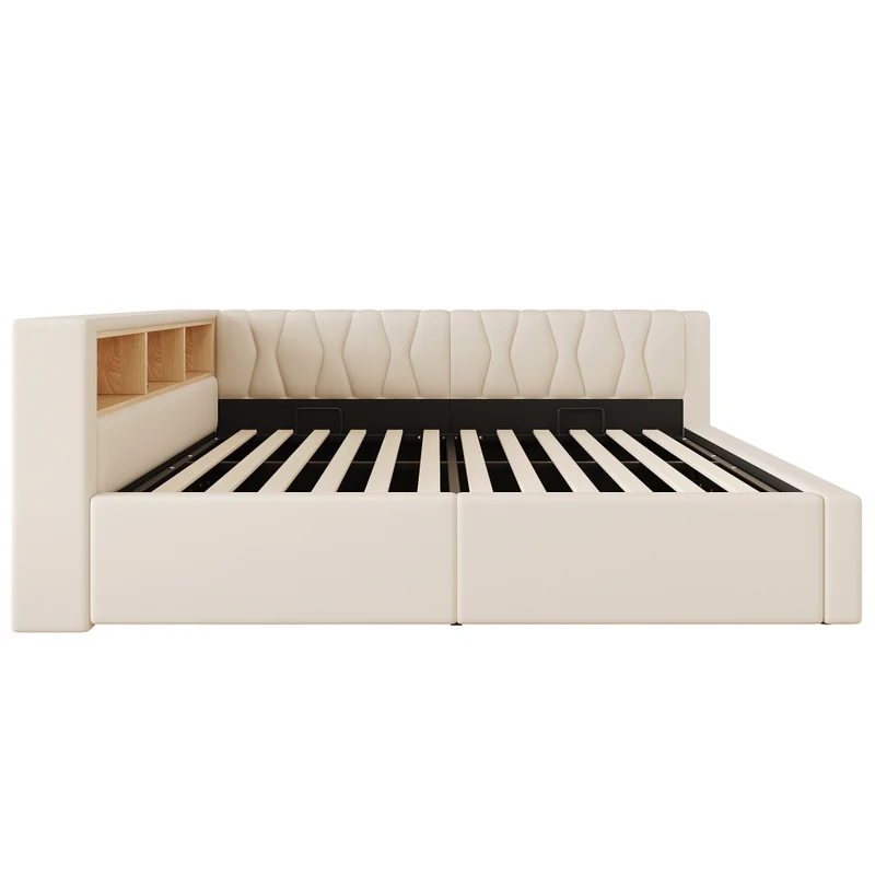 Letto contenitore 140x200 cm con illuminazione LED dimmerabile; struttura in lino e MDF; beige