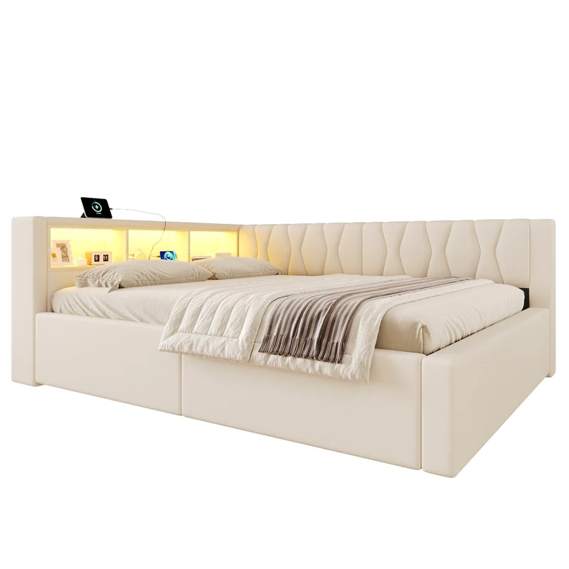 Letto contenitore 140x200 cm con illuminazione LED dimmerabile; struttura in lino e MDF; beige