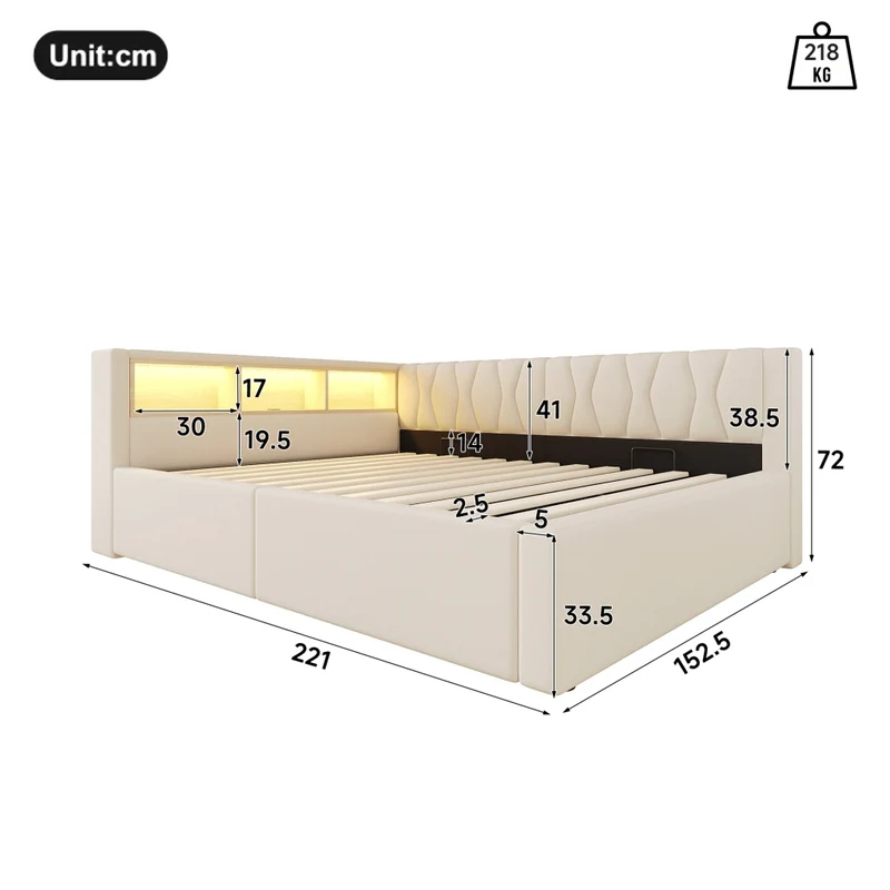 Letto contenitore 140x200 cm con illuminazione LED dimmerabile; struttura in lino e MDF; beige