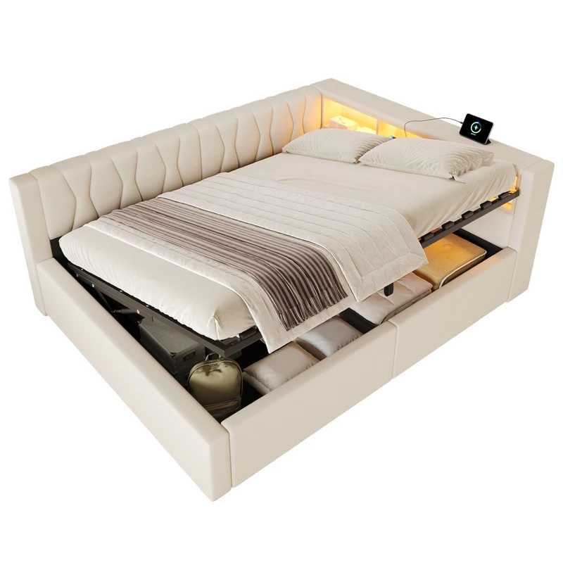 Letto contenitore 140x200 cm con illuminazione LED dimmerabile; struttura in lino e MDF; beige
