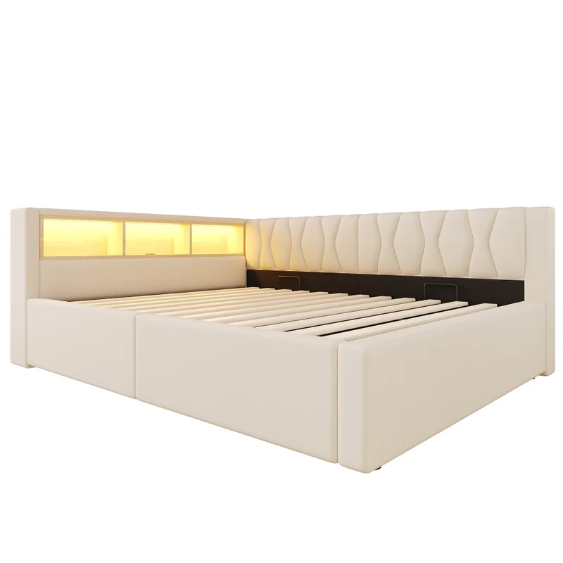 Letto contenitore 140x200 cm con illuminazione LED dimmerabile; struttura in lino e MDF; beige