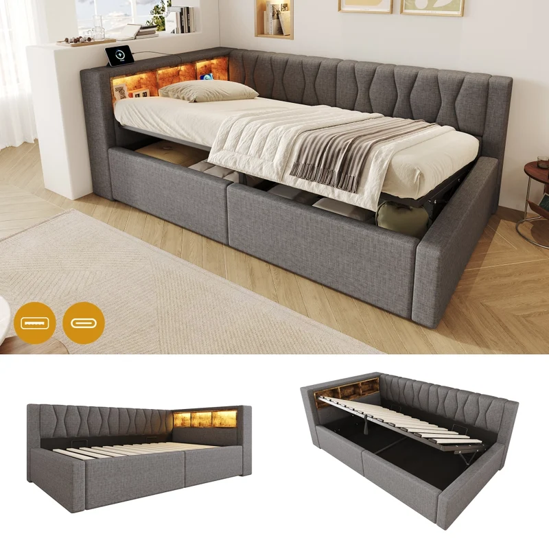 Letto singolo 90x200 cm contenitore con apertura idraulica e LED dimmerabile; grigio