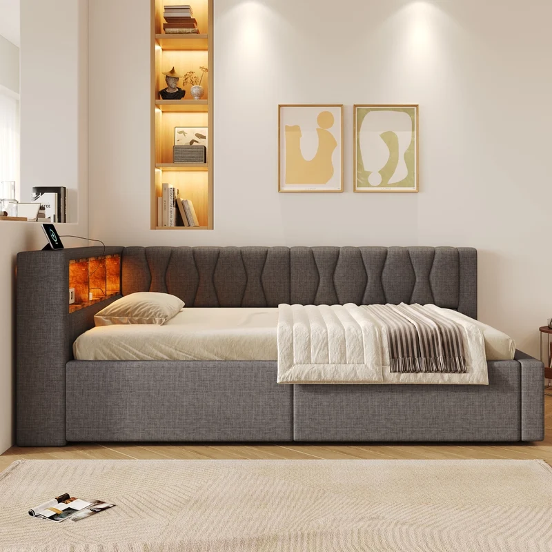 Letto singolo 90x200 cm contenitore con apertura idraulica e LED dimmerabile; grigio