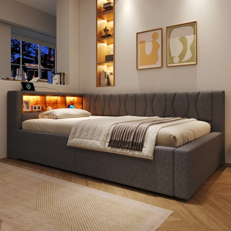 Letto singolo 90x200 cm contenitore con apertura idraulica e LED dimmerabile; grigio