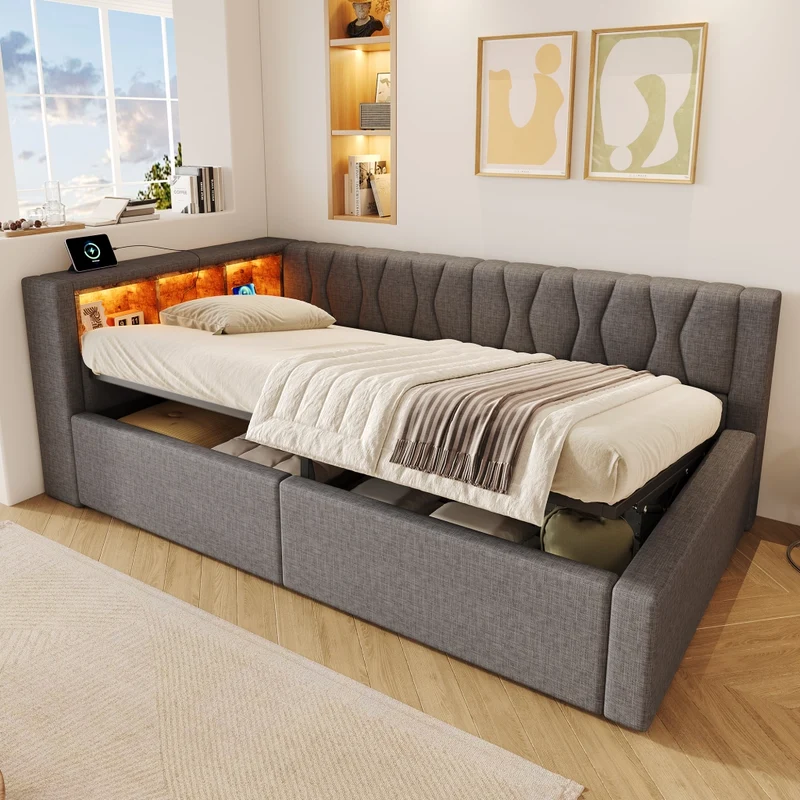 Letto singolo 90x200 cm contenitore con apertura idraulica e LED dimmerabile; grigio