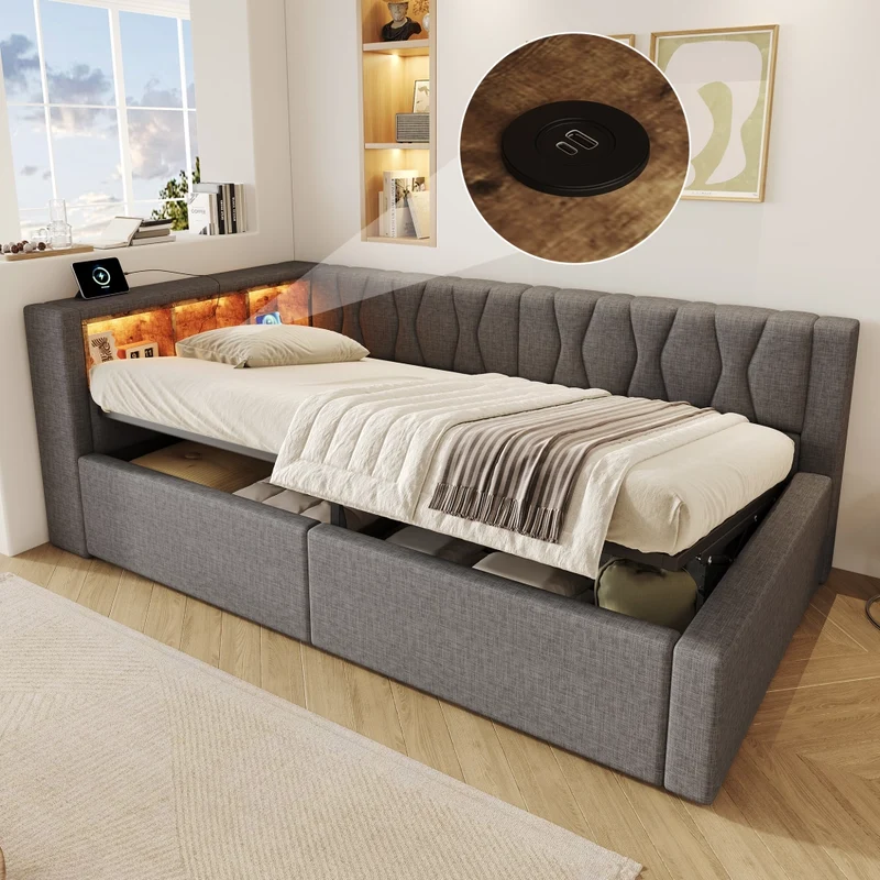 Letto singolo 90x200 cm contenitore con apertura idraulica e LED dimmerabile; grigio