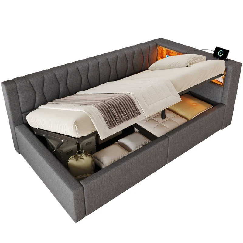 Letto singolo 90x200 cm contenitore con apertura idraulica e LED dimmerabile; grigio