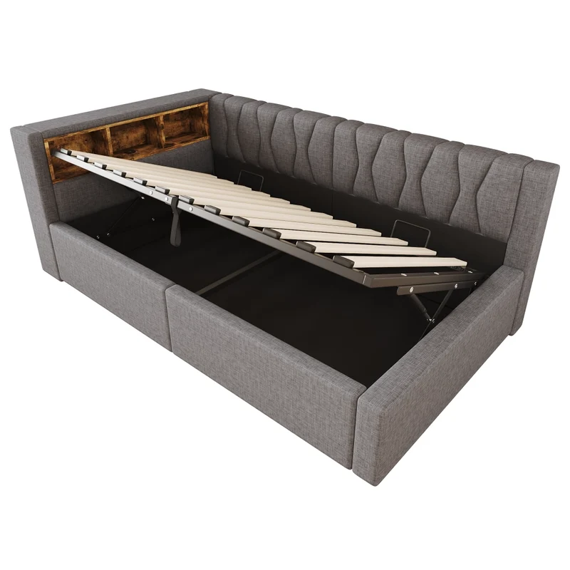 Letto singolo 90x200 cm contenitore con apertura idraulica e LED dimmerabile; grigio