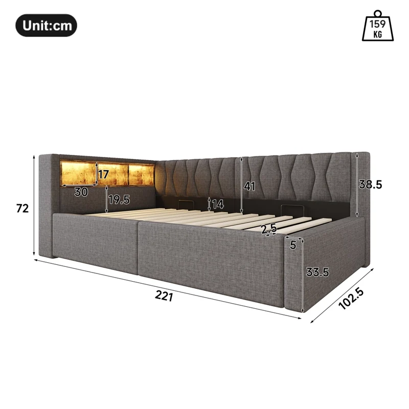 Letto singolo 90x200 cm contenitore con apertura idraulica e LED dimmerabile; grigio