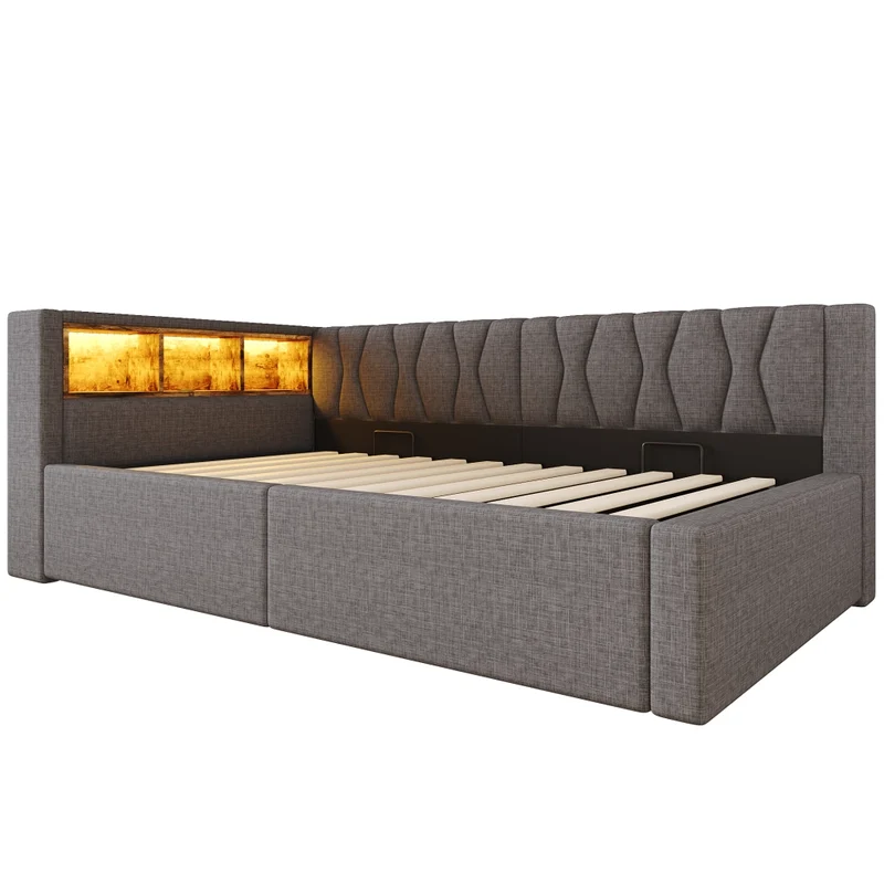 Letto singolo 90x200 cm contenitore con apertura idraulica e LED dimmerabile; grigio