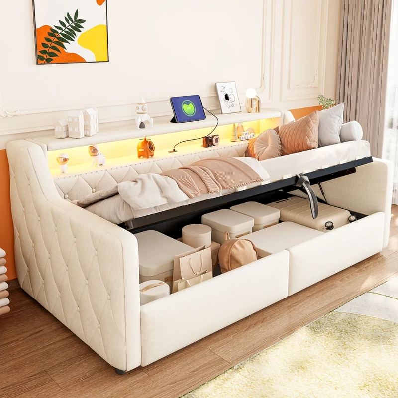 Letto singolo 90x200 cm con contenitore idraulico; LED multicolore e prese USB; tessuto beige