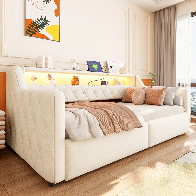 Letto singolo 90x200 cm con contenitore idraulico; LED multicolore e prese USB; tessuto beige