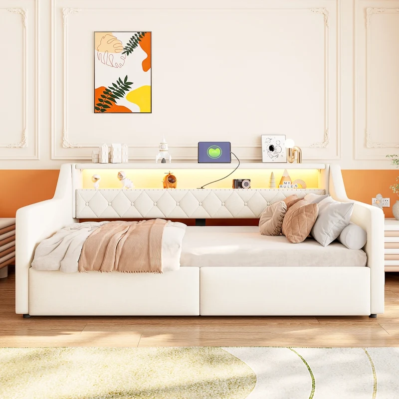 Letto singolo 90x200 cm con contenitore idraulico; LED multicolore e prese USB; tessuto beige