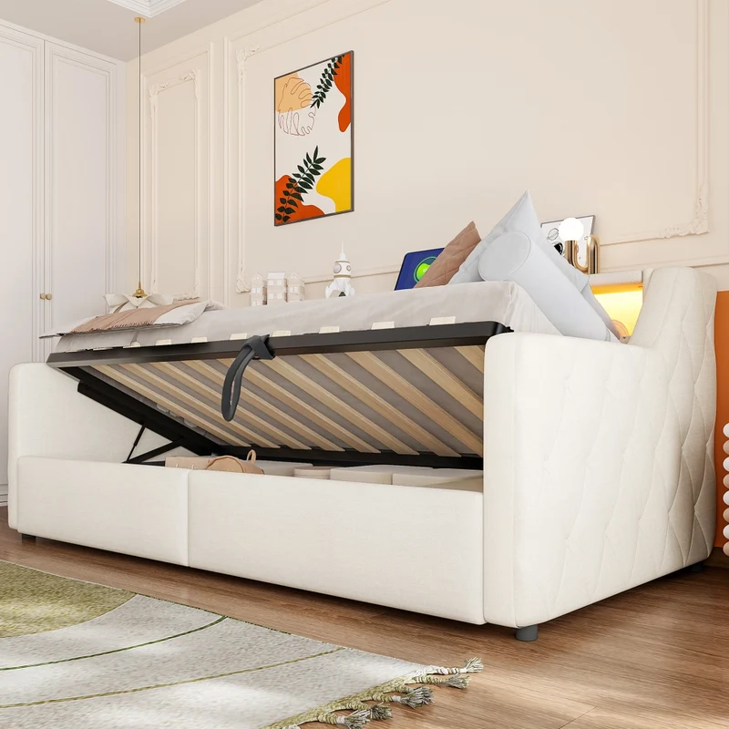 Letto singolo 90x200 cm con contenitore idraulico; LED multicolore e prese USB; tessuto beige