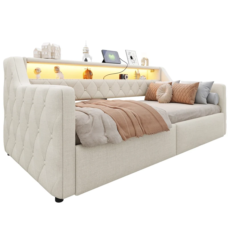 Letto singolo 90x200 cm con contenitore idraulico; LED multicolore e prese USB; tessuto beige