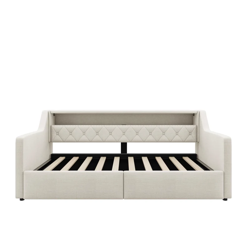 Letto singolo 90x200 cm con contenitore idraulico; LED multicolore e prese USB; tessuto beige