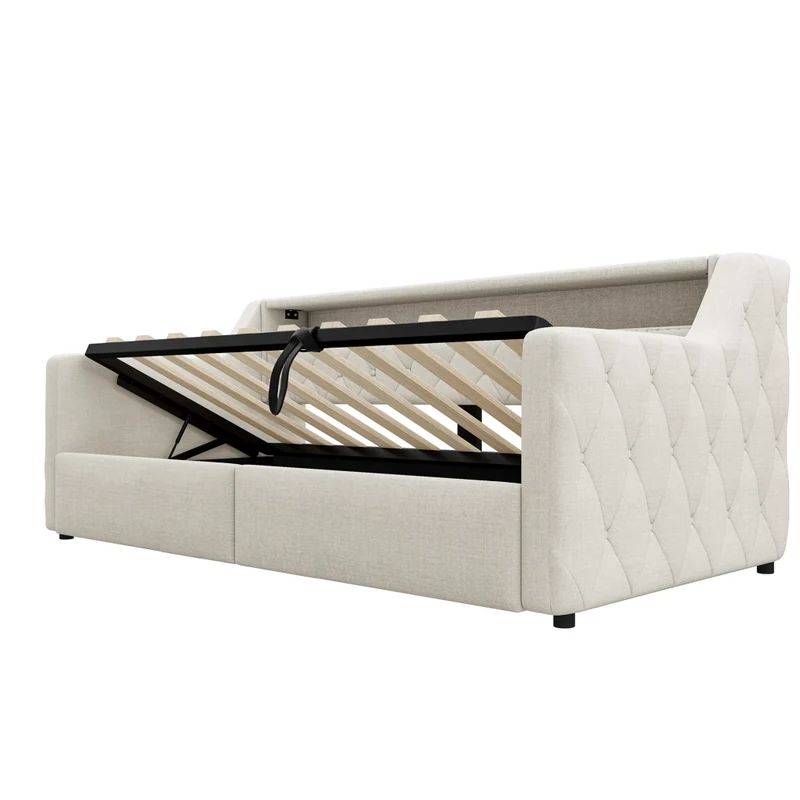 Letto singolo 90x200 cm con contenitore idraulico; LED multicolore e prese USB; tessuto beige