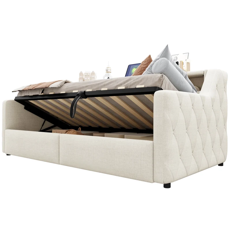 Letto singolo 90x200 cm con contenitore idraulico; LED multicolore e prese USB; tessuto beige
