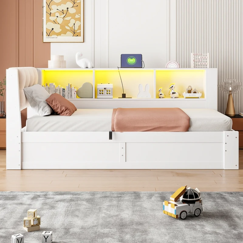 Letto singolo 90x200 cm con contenitore idraulico; LED dimmerabile e mensole; bianco