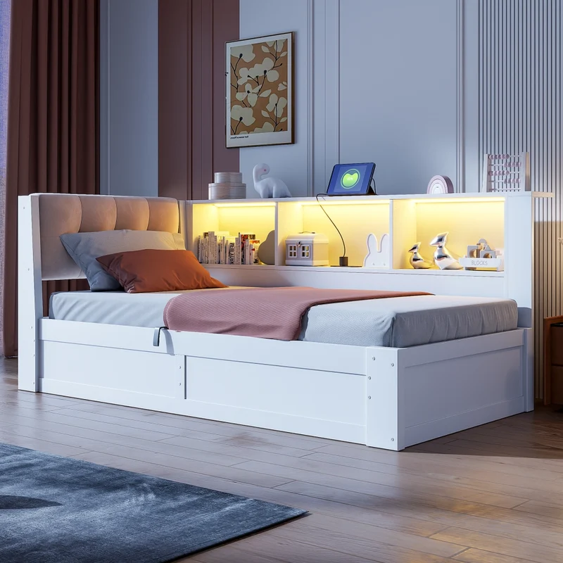 Letto singolo 90x200 cm con contenitore idraulico; LED dimmerabile e mensole; bianco