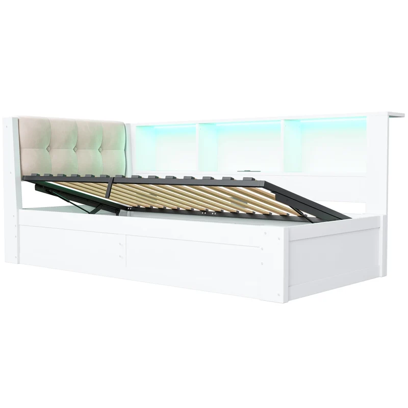 Letto singolo 90x200 cm con contenitore idraulico; LED dimmerabile e mensole; bianco