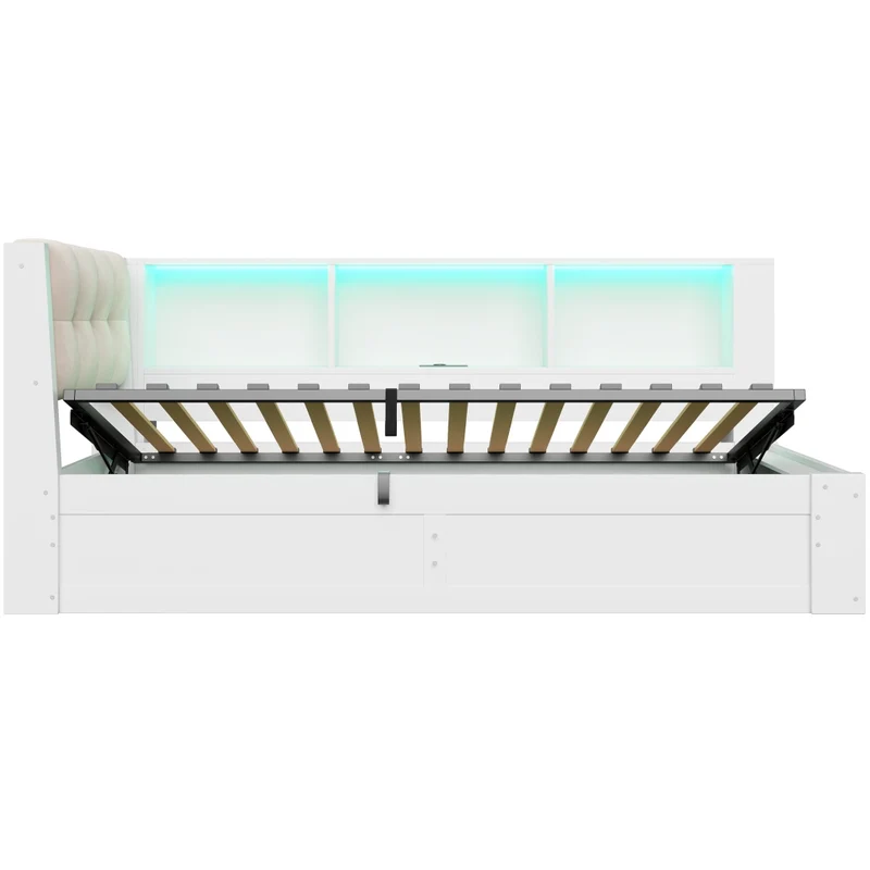Letto singolo 90x200 cm con contenitore idraulico; LED dimmerabile e mensole; bianco