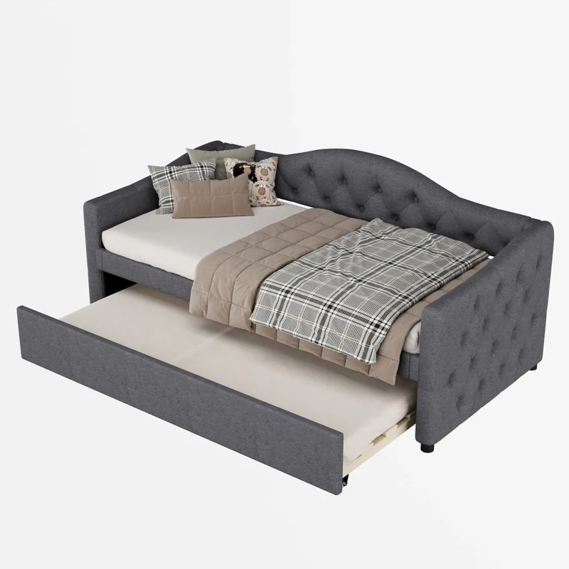 Letto da giorno con letto estraibile 90x200 cm in lino grigio; divano letto singolo