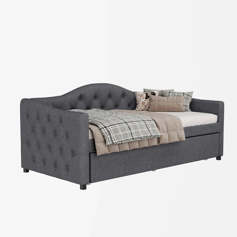 Letto da giorno con letto estraibile 90x200 cm in lino grigio; divano letto singolo