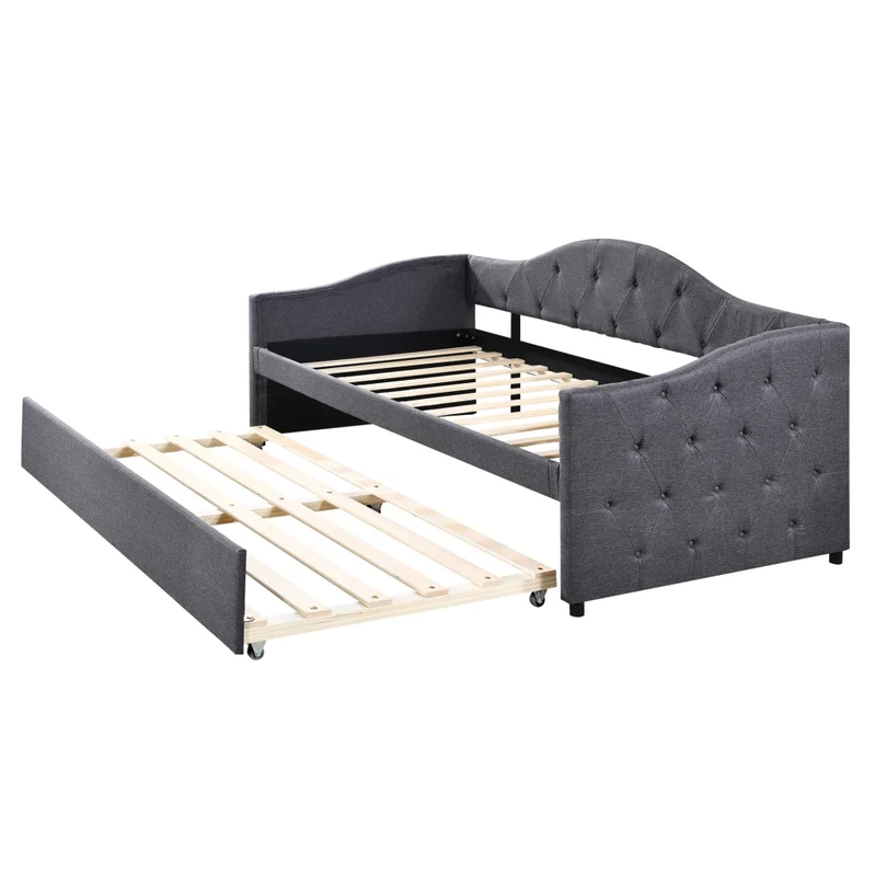 Letto da giorno con letto estraibile 90x200 cm in lino grigio; divano letto singolo