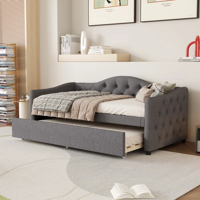 Letto da giorno con letto estraibile 90x200 cm in lino grigio; divano letto singolo