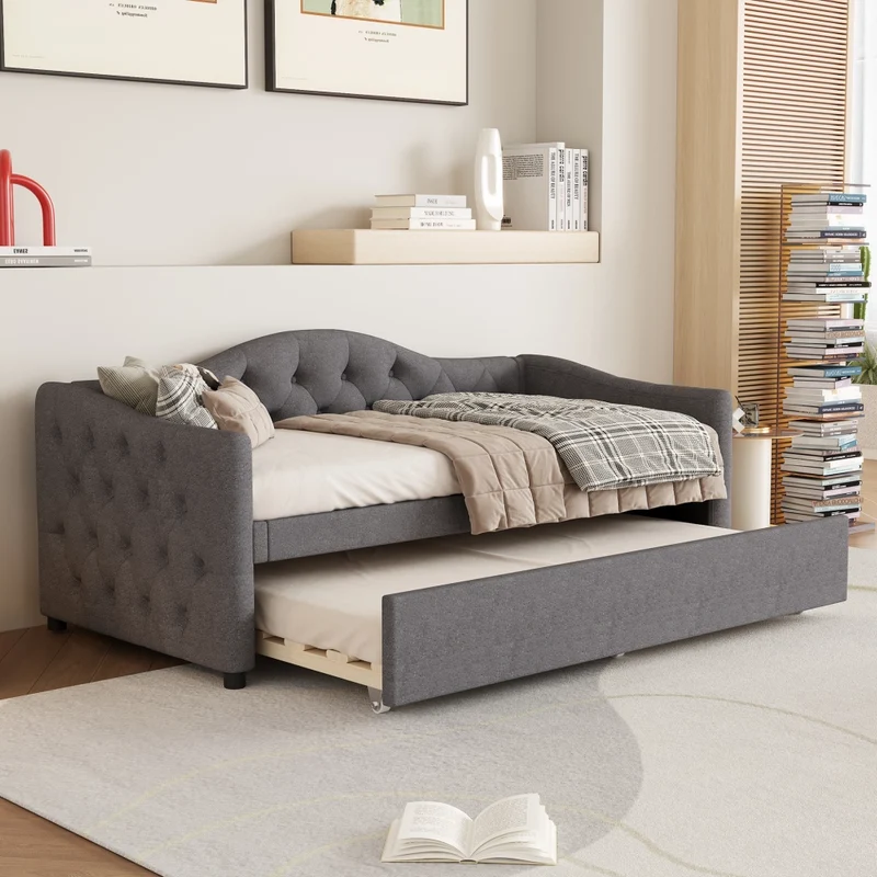 Letto da giorno con letto estraibile 90x200 cm in lino grigio; divano letto singolo