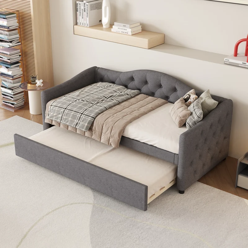 Letto da giorno con letto estraibile 90x200 cm in lino grigio; divano letto singolo